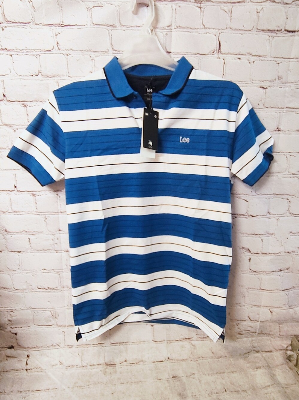 Mens Striped Dad Euro Stretch Y2K Polo Blue White Striped NWT Shirt Lee
